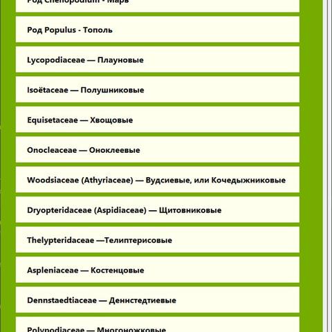 Botanical guide app listing plant families used to build the identification hint system